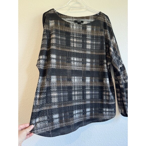 AGB Women's Black Plaid Boat Neck Sweater Boho Puff Sleeve Knit Size XL - Picture 3 of 10